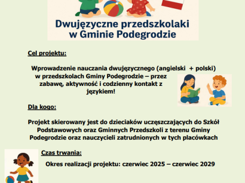 Rekrutacja do projektu „Let’s play! Dwujęzyczne przedszkolaki w Gminie Podegrodzie”!