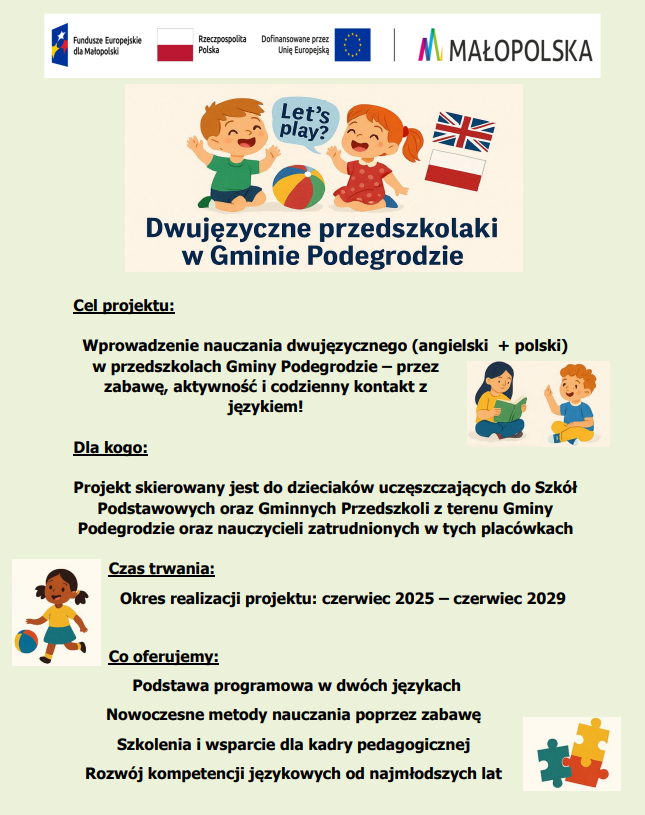 Rekrutacja do projektu „Let’s play! Dwujęzyczne przedszkolaki w Gminie Podegrodzie”!