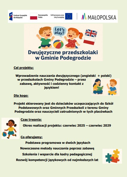 Rekrutacja dzieci do projektu „Let’s play! Dwujęzyczne przedszkolaki w Gminie Podegrodzie”!