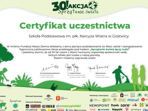 Certyfikat 30! AKCJI Sprzątanie świata 2023