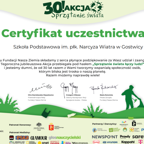 Certyfikat 30! AKCJI Sprzątanie świata 2023