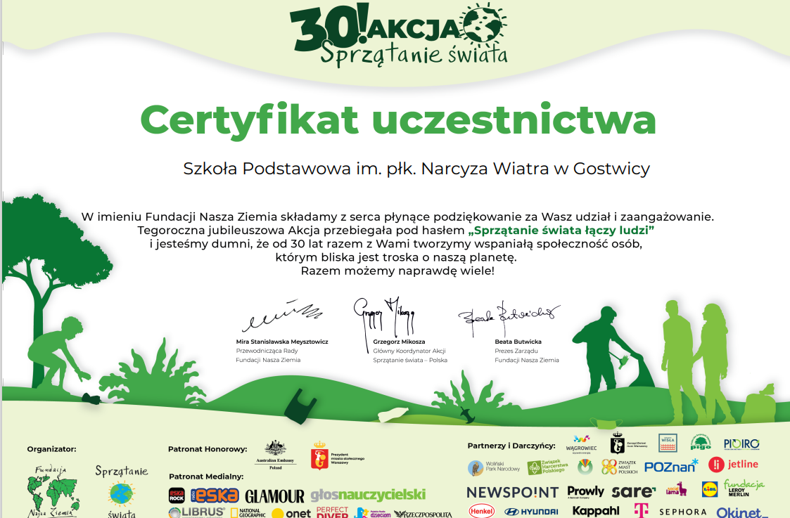 Certyfikat 30! AKCJI Sprzątanie świata 2023