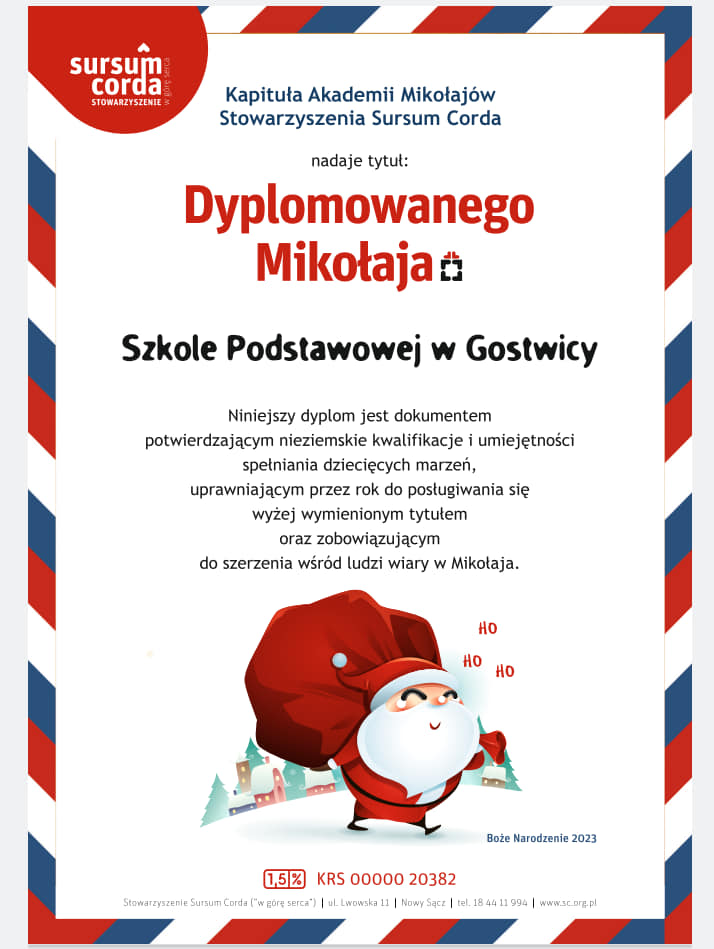 Podziękowanie za akcję „Zostań Dyplomowanym Mikołajem