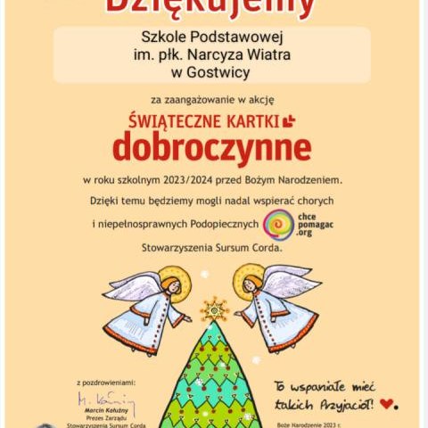 Podziękowanie za akcję „Świąteczne Kartki Dobroczynne"